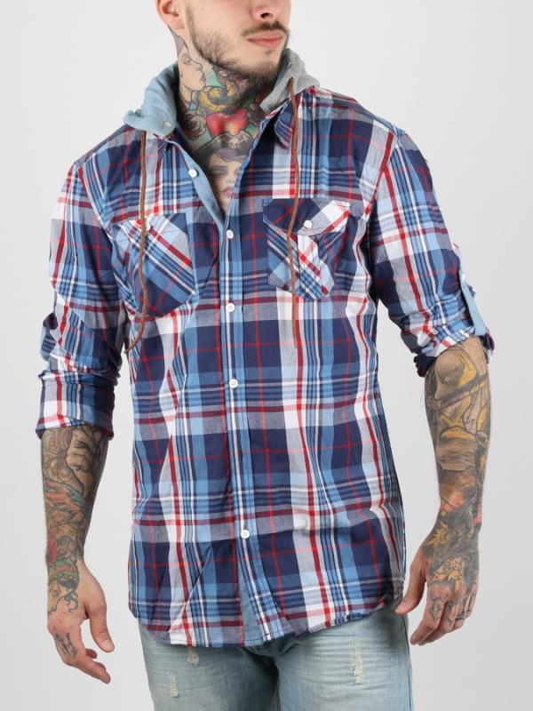 Košile Alcott HOODY LONG SLEEVES WITH CHECKS AND PRINT Modrá