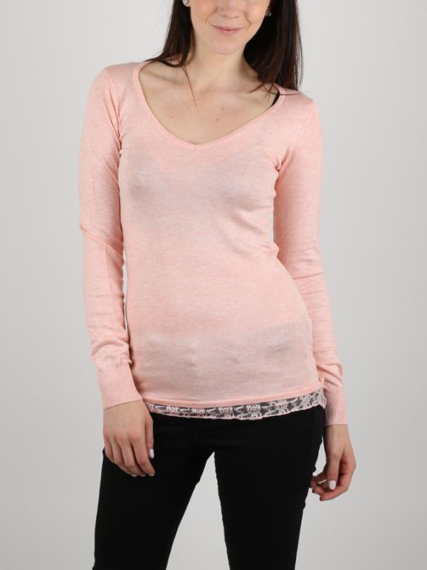 Svetr Alcott V NECK WITH LACE AT BOTTOM Růžová