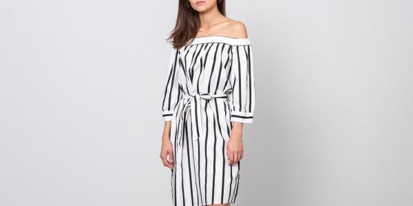 SELECTED Nadine 3/4 Off Shoulder Dress Camp Bright White/ Black