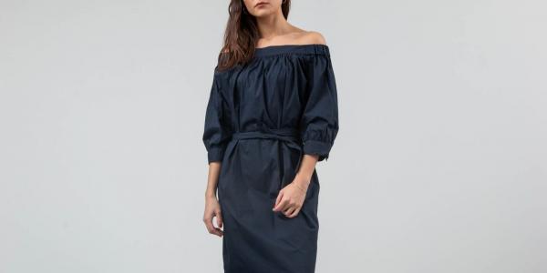 SELECTED Nadine 3/4 Off Shoulder Dress Camp Dark Sappire