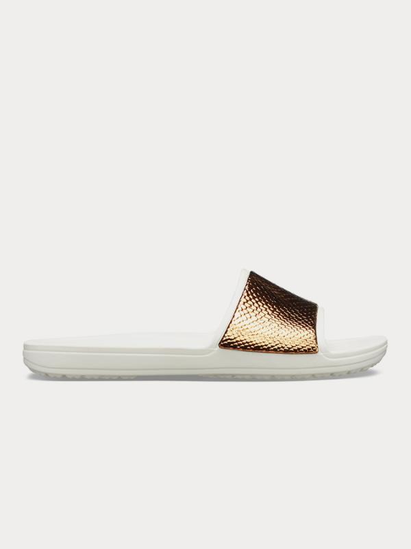 Pantofle Crocs Sloane MetalText Slide W Bronze/Oyster Bílá
