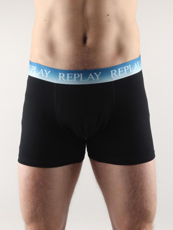 Boxerky Replay Boxer Style 04/F Cuff Logo & Stripes + Cuff To Fade Černá