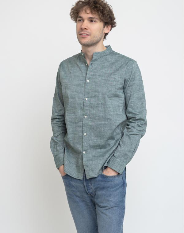 Knowledge Cotton Larch Long Sleeve Linen Stand Collar Shirt 1294 Pineneedle S