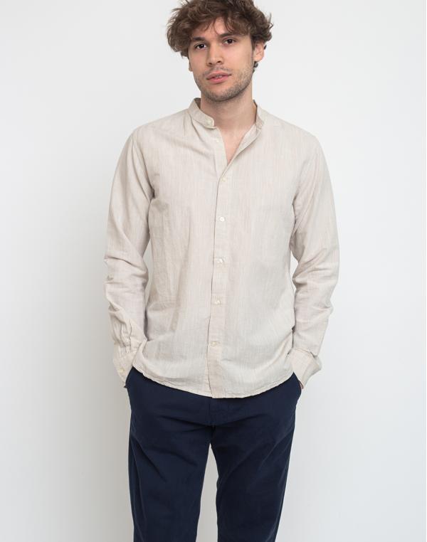 Knowledge Cotton Larch Long Sleeve Linen Stand Collar Shirt 1228 Light Feather Gray S