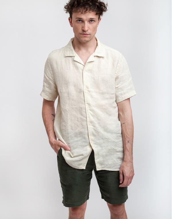 Wax London Didcot Short Sleeve Shirt Oyster Gray Linen S