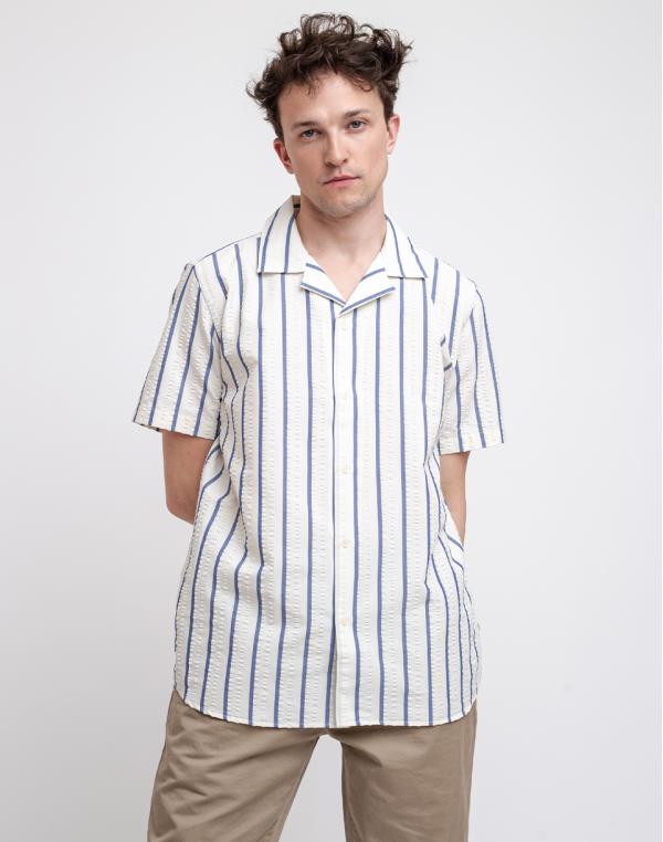 Wax London Didcot Short Sleeve Shirt Navy Seersucker Stripe M