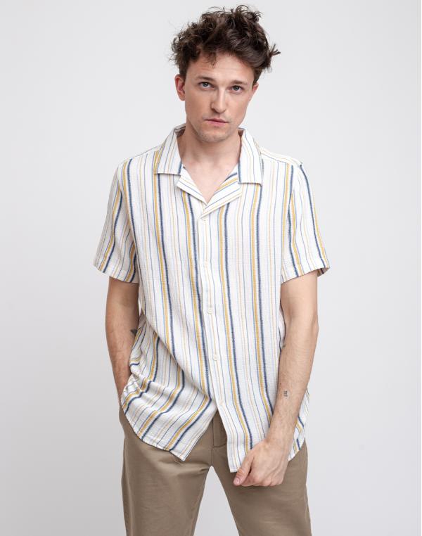 Wax London Didcot Short Sleeve Shirt Mustard Stripe S