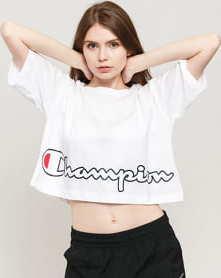Champion Cropped Script Logo Print Boxy T-Shirt bílé