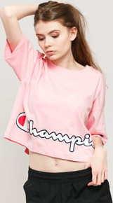 Champion Cropped Script Logo Print Boxy T-Shirt růžové