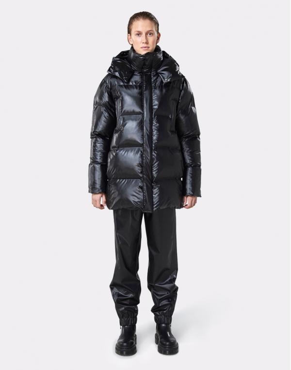 Rains Puffer Hooded Coat 76 Shiny Black M/L