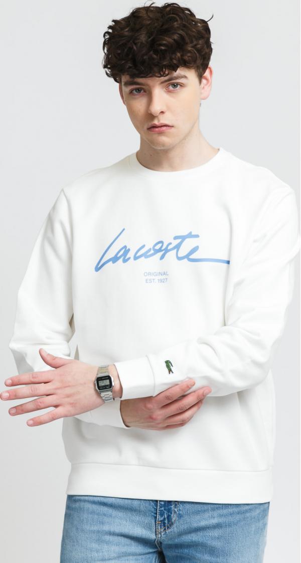 LACOSTE Crew Neck Lettered Cotton Fleece Sweatshirt krémová