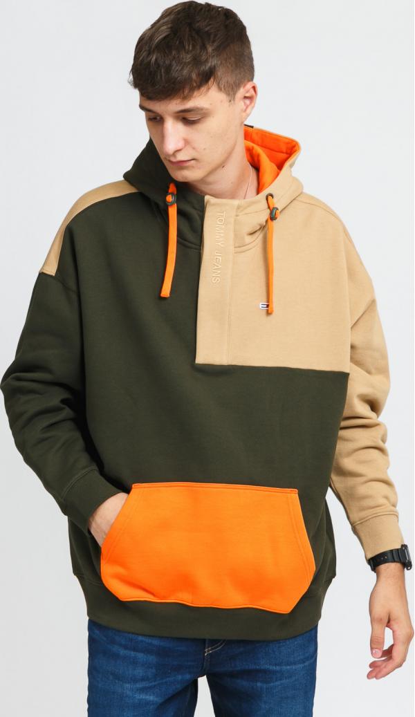 TOMMY JEANS M Colorblock Hoodie tmavě olivová / béžová / oranžová