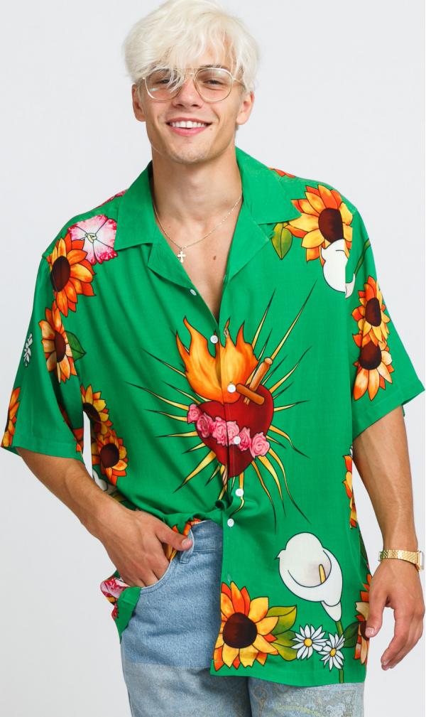 PEASURES Heart Button Down Shirt zelená / multicolor