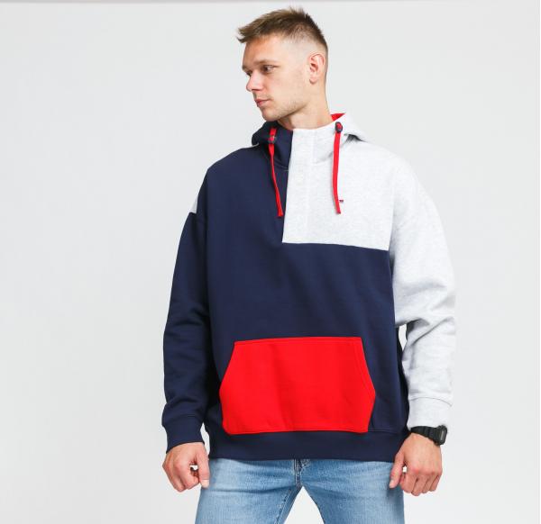 TOMMY JEANS M Colorblock Hoodie navy / melange šedá / červená