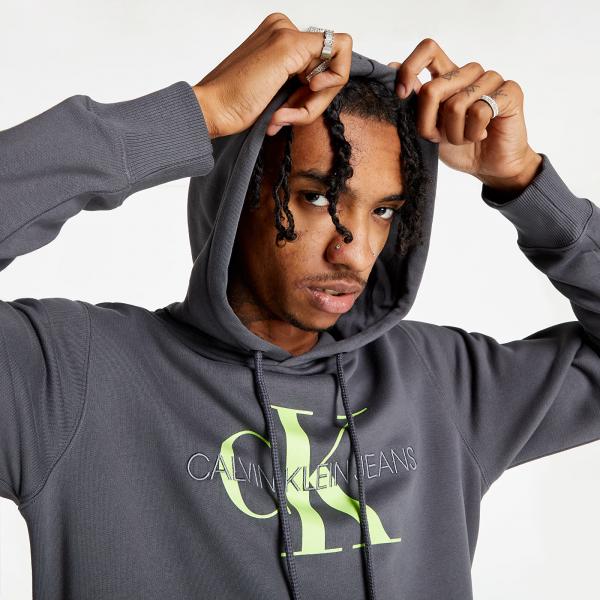 Calvin Klein Jeans Seasonal Monogram Regular Hoodie Gray Pinstripe/ Acid Lime