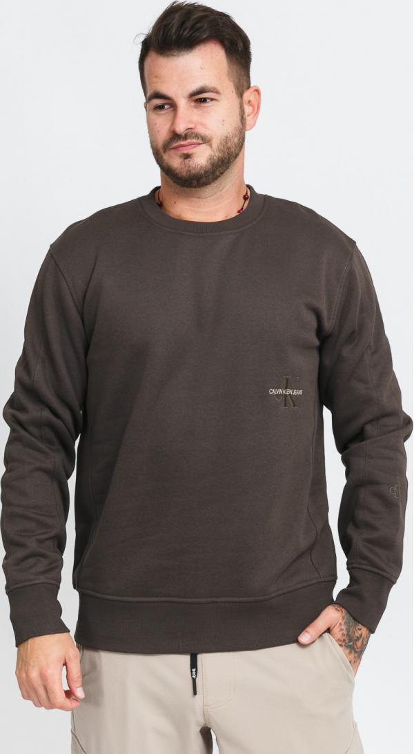 CALVIN KEIN JEANS Off Placed Iconic Crewneck tmavě olivová