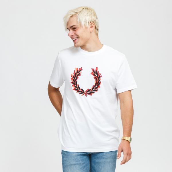 FRED PERRY Glitched aurel Wreath Tee bílé