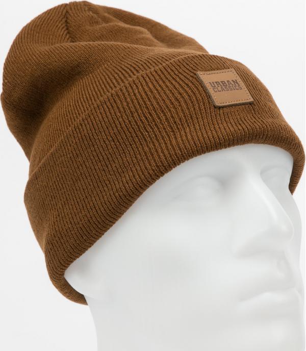 Urban Classics Synthetic Leatherpatch Long Beanie hnědý