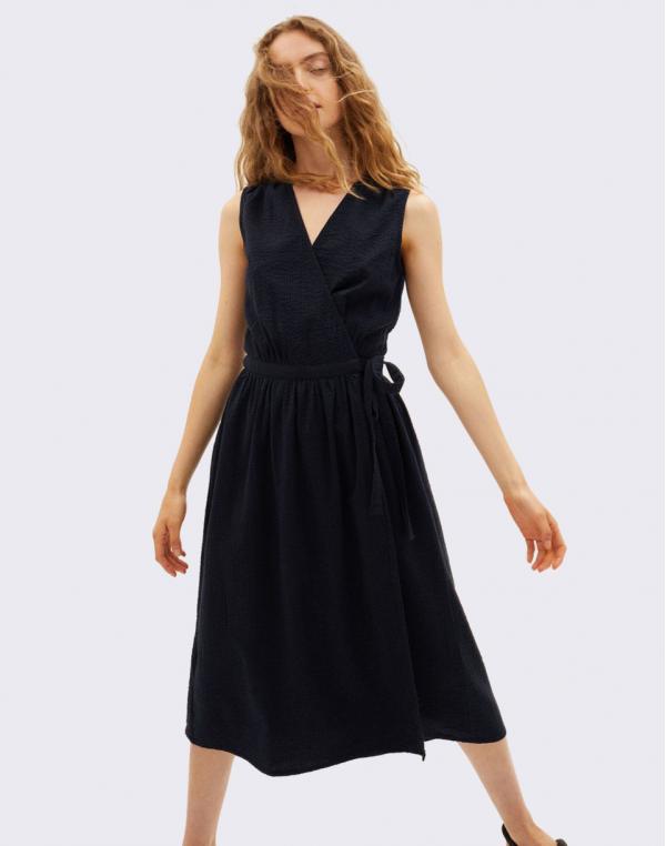 Thinking MU Dark Seersucker Amapola Dress NAVY M