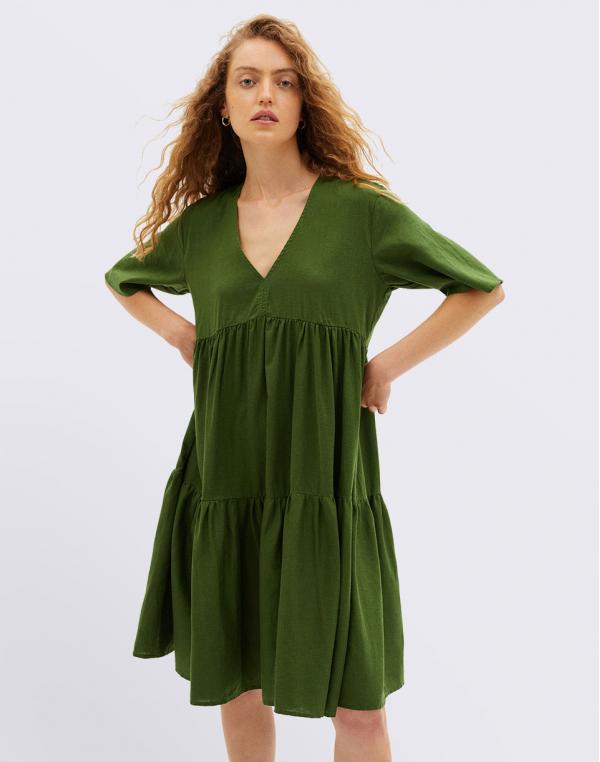 Thinking MU Green Hemp Fresia Dress GARDEN GREEN XS