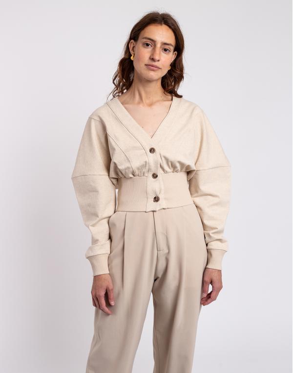 Ninety Percent Leona Organic Cotton American Fleece Panelled Cardigan OATMEAL M