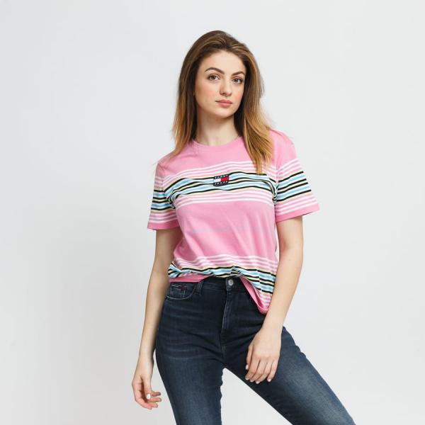 Dámské tričko TOMMY JEANS W Regular Center Badge Stripe Tee růžové / bílé / černé / žluté / modré