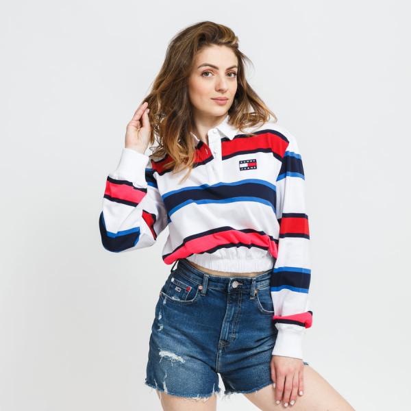 Dámská polo tričko TOMMY JEANS W Striped Rugby Polo LS bílé / navy / červené