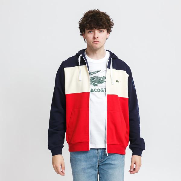 Mikina LACOSTE Men's Colourblock Fleece Zip Hoodie Red / Creamy / Navy