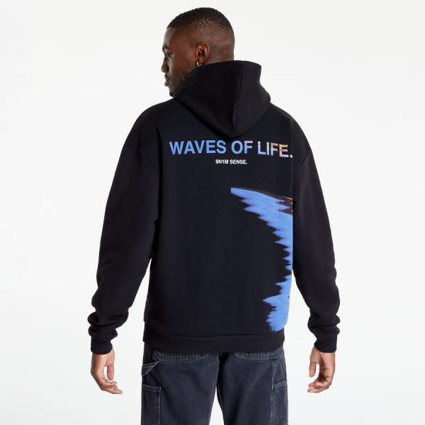 Mikina 9N1M SENSE. Hoodie Waves Of Life Black