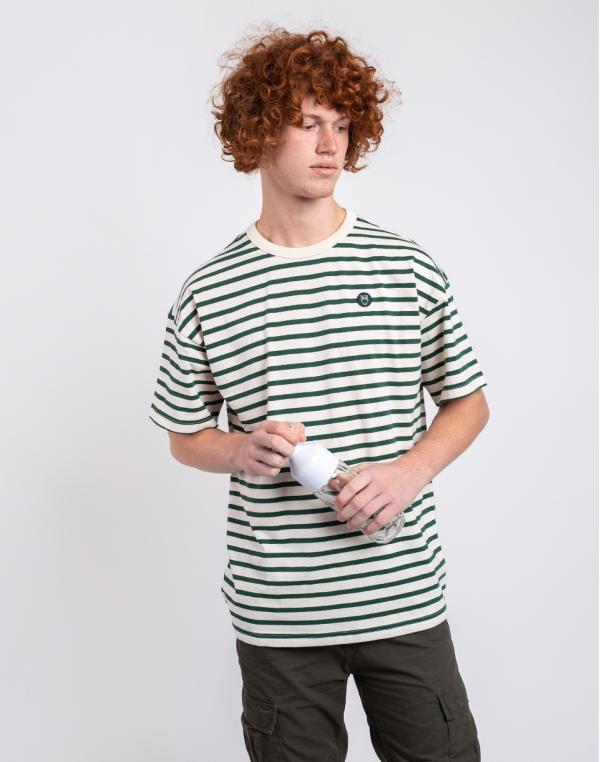 Tričko Knowledge Cotton Striped Oversized T-Shirt W/Badge 1362 Trekking Green