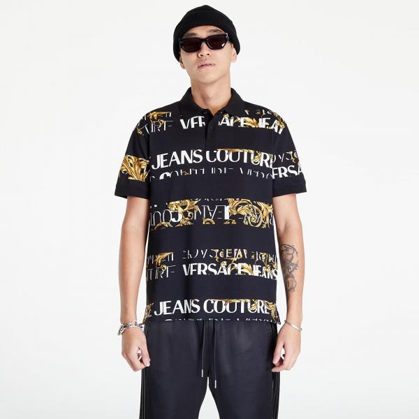 Versace Jeans Couture R Print Stripes Logo B Polo T-Shirt Black/ Gold