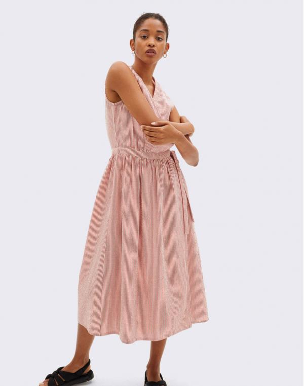 Thinking MU Seersucker Amapola Dress BURGUNDY XS