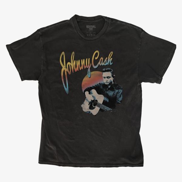 Queens Revival Tee - Johnny Cash Retro Sunset Unisex T-Shirt Black