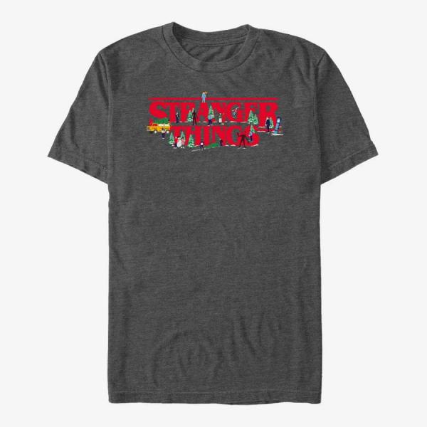 Tričko Merch Netflix Stranger Things - Christmas Scene Logo Unisex T-Shirt Dark Heather Grey M