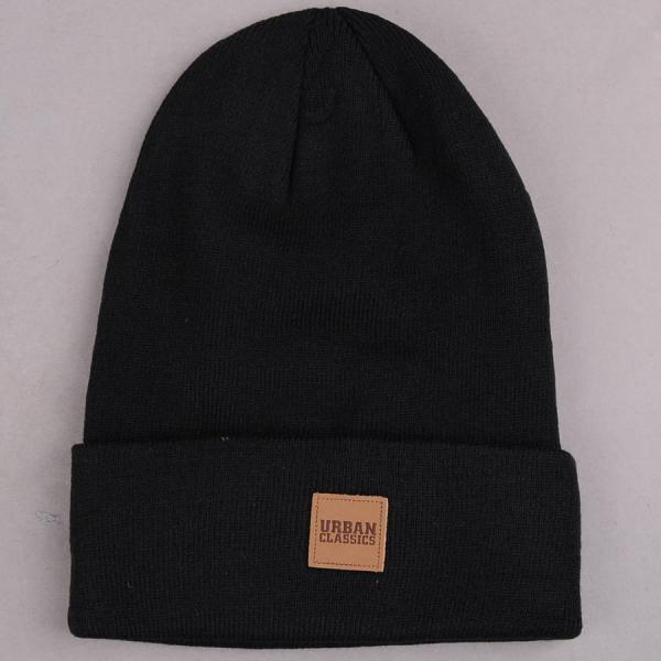 Čepice Urban Classics Leatherpatch Long Beanie Black Universal