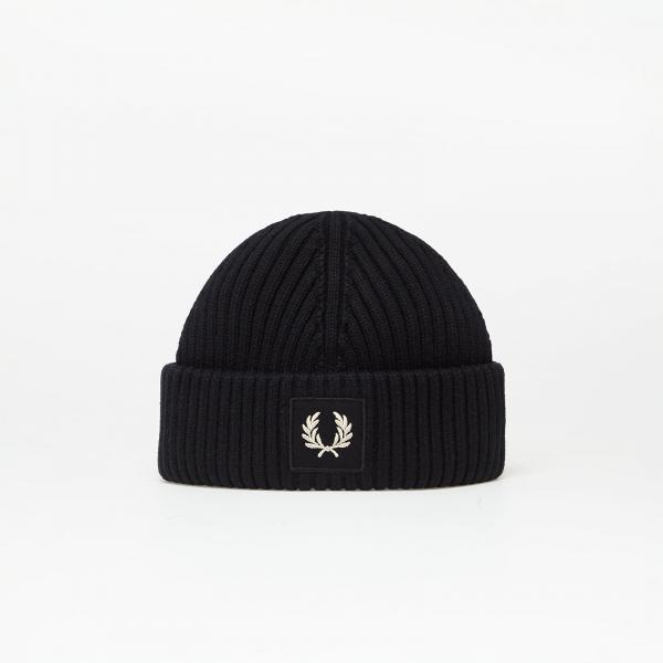 FRED PERRY Patch Brand Chunky Rib Beanie Black/ Oatmeal
