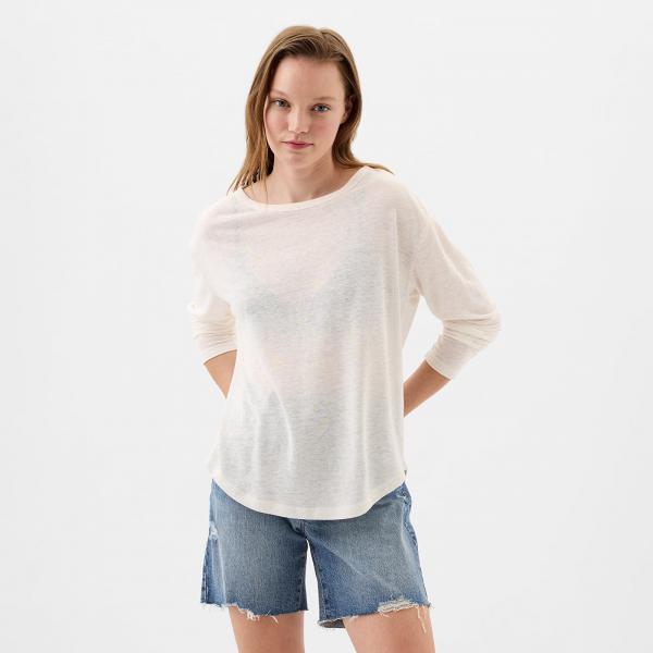 GAP Longsleeve Linen Blend Boatneck Top Optic White