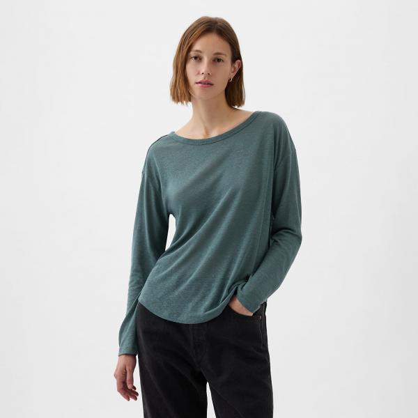 Top GAP Longsleeve Linen Blend Boatneck Top Laurel Wreath Green 17-6 XS