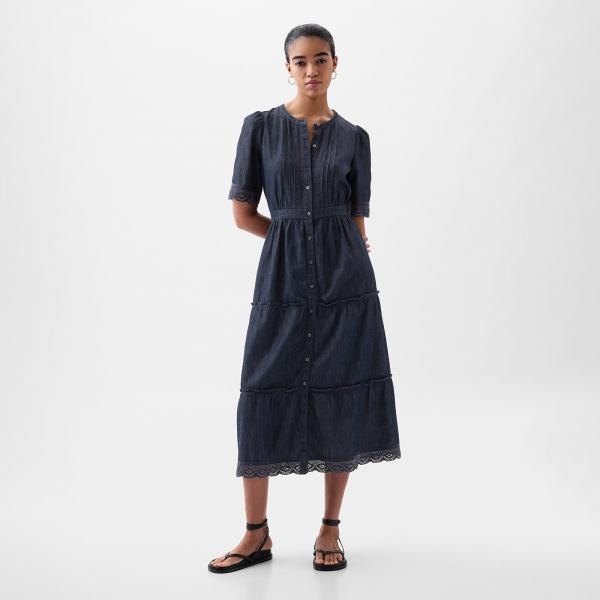 Šaty GAP Shortsleeve Lace Midi Dress Dark Wash XXS