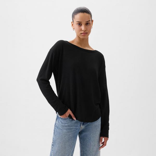 Top GAP Longsleeve Linen Blend Boatneck Top Black XS