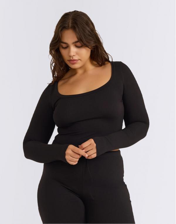 Tričko Organic Basics Everyday Scoop Neck Long Sleeve Tee Black