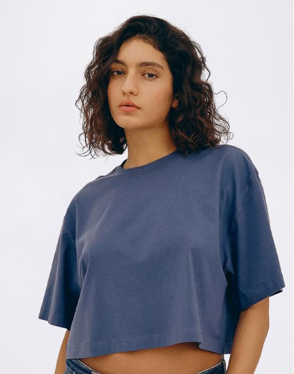 Tričko Organic Basics True Boxy Crop Tee Stone Blue