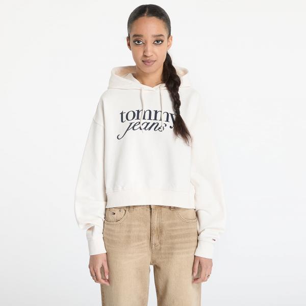 Mikina Tommy Jeans Relaxed Cropped Script Hoodie White M