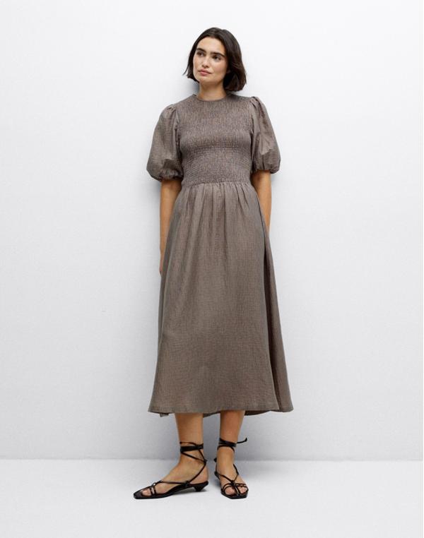 Yerse Long Puffed-Sleeve Dress KAKI S
