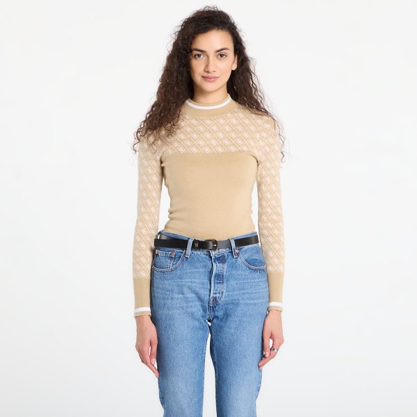 Svetr GUESS Ls Mock Neck Aubrey 4G Sweater Beige L