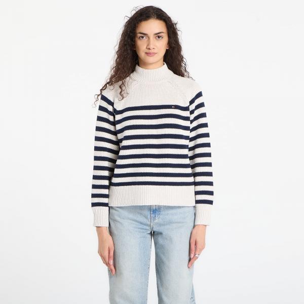 Svetr Tommy Hilfiger Cotton Blend Mock-Neckk Ls Sweater Htr Oatmilk/ Dark Navy Eng Stp M