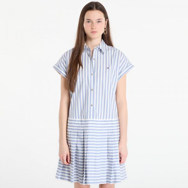 Šaty Tommy Hilfiger Poplin Pleated Short Ss Dress White Banker Stp Ecru Brisk Blue L