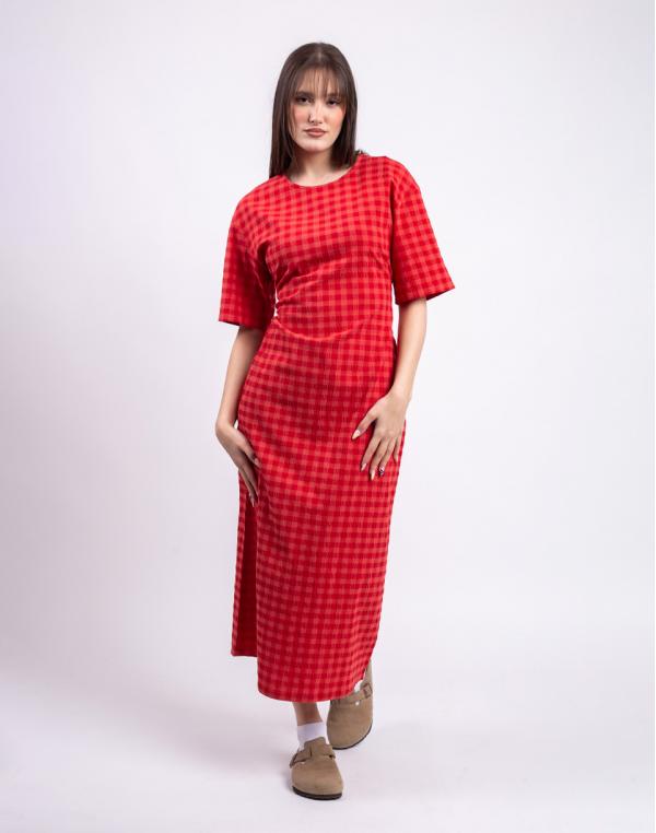 Thinking MU Red Checks Seersucker Kina Dress RED XS