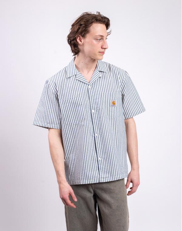 Carhartt WIP S/S Leavel Shirt Leavel Stripe, Blue River M