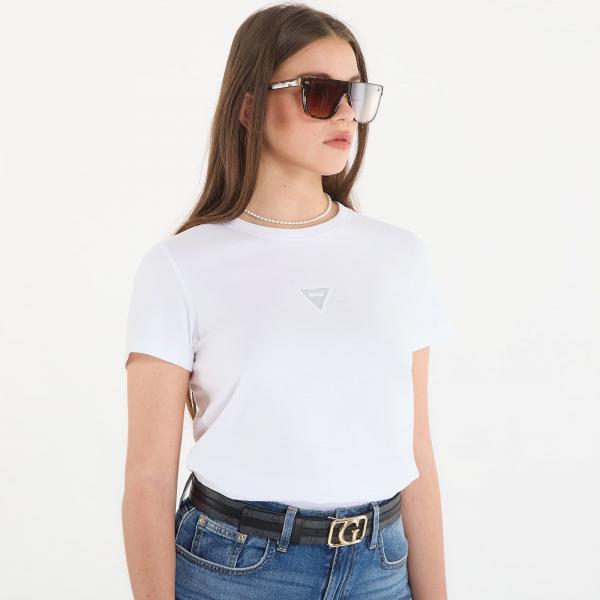 Tričko Guess Jeans Ss Cn Mini Strass Triangle Tee Pure White L